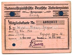 NSDAP - Ortsgruppe Preetz, Mitgliedskarte Nr. 408207
