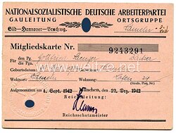 NSDAP - Ortsgruppe Hammeln, Gau Süd Hannover Braunschweig Mitgliedskarte Nr. 9243291