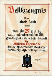 III. Reich - Reichsverband Deutscher Kleintierzüchter e.V. - Verleihungsurkunde