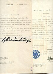 Reichspräsident Paul von Hindenburg - Originalunterschrift auf einer Abschiedsurkunde an den Obersten und Kommandeur des 6. (Preußischen) Artillerie-Regiments Herrn Hederich