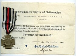 Ehrenkreuz für Frontkämpfer 1914-18 mit Urkunde