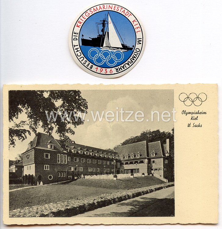 XI. Olympischen Spiele 1936 Berlin - Kiel - Postkarte und Vignette