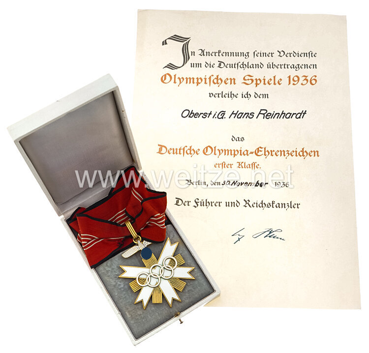 Deutsches Olympia-Ehrenzeichen 1. Stufe mit Verleihungsurkunde an den späteren Ritterkreuzträger mit Eichenlaub und Schwertern Generaloberst Hans Reinhardt