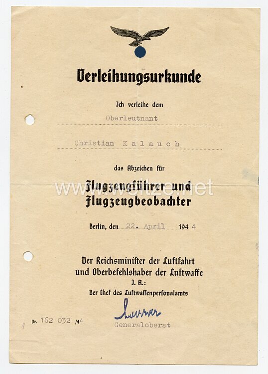 Verleihungsurkunde für das Abzeichen für Flugzeugführer und Flugzeugbeobachter ( Luftwaffendoppelabzeichen )