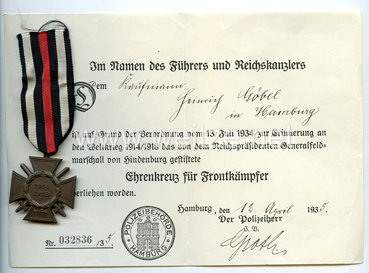 Ehrenkreuz für Frontkämpfer 1914-18 mit Urkunde