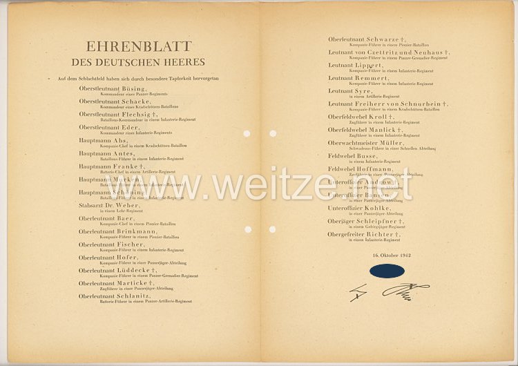 Ehrenblatt des deutschen Heeres - Ausgabe vom 16. Oktober 1942